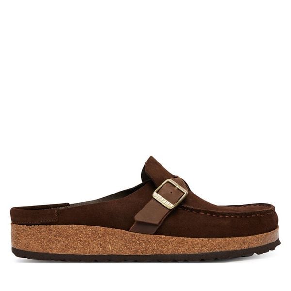 Klapki Birkenstock. Brązowe klapki damskie Birkenstock, bez wzorów, bez obcasa, bez zapięcia. Za 584.99 zł.
