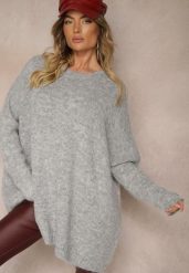Jasnoszary Casualowy Sweter Oversize Allethia. Szare swetry nierozpinane damskie Renee, bez wzorów, biznesowe, bez kołnierzyka, bez ramiączek. Za 139.99 zł.