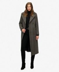 Płaszcz z Mieszanki Wełny z Podwójnym Rzędem Guzików. Brązowe płaszcze damskie Superdry, m, bez wzorów, z wełny, eleganckie, bez kołnierzyka, bez kaptura. Za 1,063.35 zł.