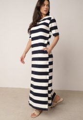 Biało-Czarna Pudełkowa Sukienka z Bawełny w Poziome Paski Diove. Białe sukienki damskie Born2be, do pracy, l, bez wzorów, z bawełny, biznesowe, bez kołnierzyka, bez ramiączek, maxi, proste. Za 89.99 zł.