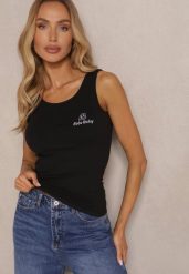 Czarny Top z Wiskozą i Ozdobnym Nadrukiem Amotia. Czarne topy damskie Renee, m, bez wzorów, z jeansu, bez kołnierzyka, bez ramiączek. Za 39.99 zł.