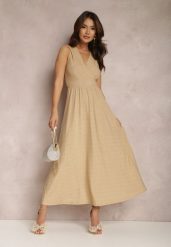 Beżowo-Złota Sukienka Sematea. Brązowe sukienki damskie Renee, l, z aplikacjami, eleganckie, bez kołnierzyka, bez ramiączek, maxi, kopertowe. Za 159.99 zł.
