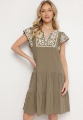 Zielona Sukienka z Haftami w Stylu Boho z Bawełny Evitel. Zielone sukienki damskie Born2be, na lato, l, z aplikacjami, z bawełny, boho, bez kołnierzyka, bez ramiączek, midi. Za 109.99 zł.