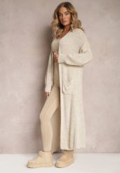 Beżowy Długi Kardigan Oversize Angellona. Brązowe kardigany damskie Renee, bez wzorów, bez kołnierzyka. Za 84.99 zł.