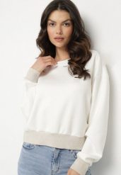 Biała Bluza z Metaliczną Nicią Ilasila. Białe bluzy damskie Born2be, l, z aplikacjami, z jeansu, casualowe, bez ramiączek, bez kaptura. Za 54.99 zł.