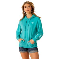 Bluza damska z kapturem Ariat Logo 2.0. Niebieskie bluzy damskie Ariat, s, bez wzorów, ze skóry, sportowe, bez ramiączek, z kapturem. Za 315.50 zł.