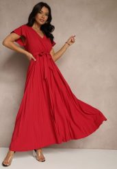 Bordowa Koktajlowa Maxi Sukienka Ozdobiona Plisami z Trójkątnym Dekoltem i Wiązaniem w Talii Phoelia. Czerwone sukienki damskie Renee, na imprezę, l, bez wzorów, eleganckie, bez kołnierzyka, bez ramiączek, maxi. Za 79.99 zł.