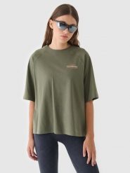 4F T-shirt oversize z nadrukiem damski - oliwkowy/khaki XL. Brązowe t-shirty damskie 4F, xl, bez wzorów, z bawełny, klasyczne, bez kołnierzyka, bez ramiączek. W wyprzedaży za 29.99 zł.