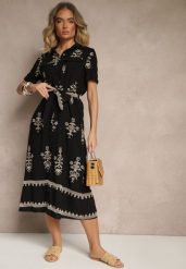 Czarna Koszulowa Sukienka z Wiskozy Ozdobiona Paskiem i Haftem Divirea. Czarne sukienki damskie Renee, na co dzień, m, z aplikacjami, z materiału, eleganckie, bez kołnierzyka, bez ramiączek, midi, koszulowe. Za 99.99 zł.