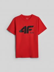 4F T-shirt regular z nadrukiem męski - czerwony M. Czerwone koszulki sportowe męskie 4F, m, bez wzorów, z bawełny, bez ramiączek, trekkingowe. Za 69.99 zł.
