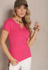 Różowy Bawełniany T-shirt Ozdobiony Guzikami Lisamaris. Czerwone t-shirty damskie Renee, l, bez wzorów, z bawełny, klasyczne, bez kołnierzyka, bez ramiączek. Za 24.99 zł.