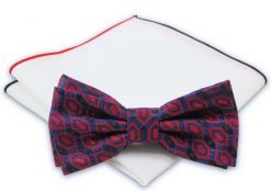 Granatowo-Czerwona Mucha + Biała Poszetka - Chattier - Wzór Geometryczny, Męska. Niebieskie krawaty i muchy Chattier, bez wzorów, eleganckie. Za 59.00 zł.