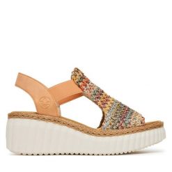 Sandały Rieker. Sandały damskie Rieker, bez wzorów, bez obcasa, na koturnie, bez zapięcia. Za 329.99 zł.