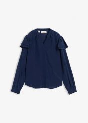 Bluzka z domieszką jedwabiu. Niebieskie bluzki damskie bonprix, bez wzorów, bez kołnierzyka, bez ramiączek. Za 229.99 zł.