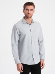 Koszula męska z kieszenią REGULAR FIT - jasnoszary melanż V2 OM-SHCS-0148 - XXL. Szare koszule męskie Ombre Clothing, l, bez wzorów, z bawełny, bez kołnierzyka, bez ramiączek. W wyprzedaży za 49.99 zł.