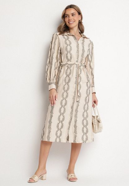 Beżowa Koszulowa Sukienka z Wiskozy z Wiązanym Paskiem Zdobiona Haftem Rallisia. Brązowe sukienki damskie Born2be, na co dzień, l, z aplikacjami, z wiskozy, eleganckie, bez kołnierzyka, bez ramiączek, koszulowe. Za 139.99 zł.