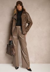 Jasnobrązowe Szerokie Spodnie High Waist z Imitacji Skóry Enawinn. Brązowe spodnie materiałowe damskie Renee, bez wzorów, z jeansu, eleganckie, z podwyższonym stanem. Za 84.99 zł.