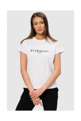GIVENCHY Biały t-shirt damski z czarnym logo vintage. Białe t-shirty damskie Givenchy, s, bez wzorów, z bawełny, vintage, bez kołnierzyka, bez ramiączek. W wyprzedaży za 899.99 zł.