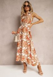 Beżowa Rozkloszowana Sukienka z Ozdobnymi Naszyciami na Dekolcie w Abstrakcyjni Print Flubia. Brązowe sukienki damskie Renee, na imprezę, l, z aplikacjami, eleganckie, bez kołnierzyka, bez ramiączek, maxi, kopertowe. Za 49.99 zł.