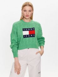 Tommy Jeans Sweter DW0DW14261 Zielony Regular Fit. Zielone swetry nierozpinane damskie Tommy Jeans, l, bez wzorów, z jeansu, bez kołnierzyka, bez ramiączek. W wyprzedaży za 339.99 zł.