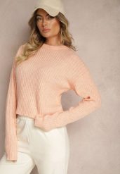 Jasnoróżowy Prążkowany Sweter o Klasycznym Pudełkowym Fasonie Omeita. Czerwone swetry nierozpinane damskie Renee, m, bez wzorów, z jeansu, casualowe, bez kołnierzyka, bez ramiączek. Za 99.99 zł.