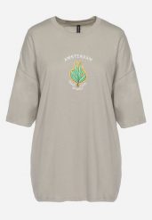 Szary T-shirt Oversize z Krótkim Rękawem i Nadrukiem Darlakia. Szare t-shirty damskie Born2be, l, bez wzorów, bez kołnierzyka, bez ramiączek. Za 54.99 zł.