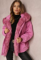 Różowa Kurtka Parka Oversize z Futerkiem Horelle. Czerwone kurtki damskie Renee, na zimę, l, z aplikacjami, z tkaniny, bez kaptura. Za 369.99 zł.