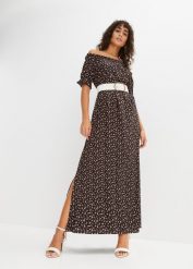 Długa sukienka z nadrukiem. Czarne sukienki damskie bonprix, bez wzorów, bez kołnierzyka, bez ramiączek, maxi, z odkrytymi ramionami. Za 132.99 zł.
