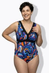 Damskie Strój kąpielowy wzór w fale miękkie miseczki zamek błyskawiczny. Niebieskie stroje kąpielowe damskie Ulla Popken, plus size, bez wzorów, z elastanu. Za 191.99 zł.
