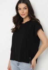 Czarny T-shirt z Bawełny Ozdobiony Rozcięciami przy Rękawach Katirna. Czarne t-shirty damskie Born2be, bez wzorów, z bawełny, klasyczne, bez kołnierzyka, bez ramiączek. Za 64.99 zł.