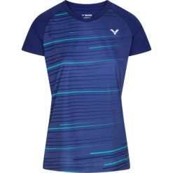 Koszulka do tenisa damska Victor T-34100 B. Niebieskie bluzki damskie Victor, m, bez wzorów, sportowe, bez kołnierzyka, bez ramiączek. Za 139.99 zł.