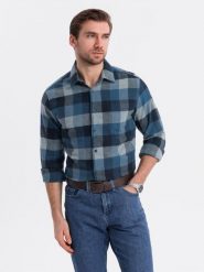 Koszula męska flanelowa w kratę - niebieska V4 OM-SHCS-0150 - S. Niebieskie koszule męskie Ombre Clothing, m, bez wzorów, bez kołnierzyka, bez ramiączek. W wyprzedaży za 79.99 zł.