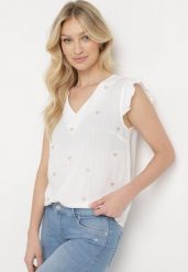 Biała Bluzka Top z Wiskozy bez Rękawów z Falbankami w Haftowane Serduszka Taella. Białe topy damskie Born2be, l, bez wzorów, z jeansu, eleganckie, bez kołnierzyka, bez ramiączek. Za 74.99 zł.