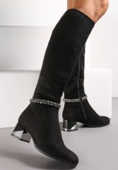 Czarne Kozaki z Imitacji Zamszu z Paskiem z Cyrkonii i Metalicznym Słupkiem Grettamia. Czarne kozaki damskie Renee, na jesień, bez wzorów, bez obcasa, na obcasie, bez zapięcia. Za 124.99 zł.