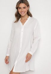 Biała Sukienka Oversize z Bawełny o Prostym Kroju Koszulowym Elanistra. Białe sukienki damskie Born2be, na co dzień, m, bez wzorów, z bawełny, eleganckie, bez kołnierzyka, bez ramiączek, mini, koszulowe. Za 79.99 zł.
