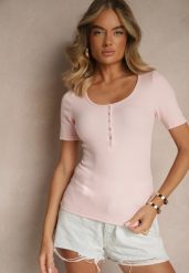 Różowy Bawełniany T-shirt Prążkowany z Guzikami Florvivi. Czerwone t-shirty damskie Renee, m, bez wzorów, z bawełny, bez kołnierzyka, bez ramiączek. Za 59.99 zł.