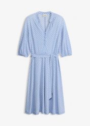Sukienka z dżerseju z wiązanym paskiem (2 części). Niebieskie sukienki damskie bonprix, bez wzorów, z dżerseju, eleganckie, bez kołnierzyka, bez ramiączek. Za 79.99 zł.