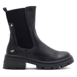 Botki Mustang. Czarne botki damskie Mustang, bez wzorów, bez obcasa, na płaskiej podeszwie, bez zapięcia. Za 369.99 zł.
