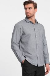Ombre Koszula męska z kieszenią REGULAR FIT - szary melanż V3 OM-SHCS-0148 M. Szare koszule męskie Ombre, m, bez wzorów, bez kołnierzyka, bez ramiączek. Za 139.99 zł.