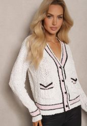 Beżowy Kardigan z Wiskozą na Guziki z Paskami Liathalie. Brązowe kardigany damskie Renee, bez wzorów, z jeansu, eleganckie, bez kołnierzyka. Za 99.99 zł.