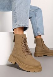 Ciemnobeżowe Botki Workery na Płaskiej Podeszwie ze Sznurowaniem i Przeszyciami Savanthia. Brązowe botki damskie Renee, z aplikacjami, z jeansu, eleganckie, bez obcasa, na płaskiej podeszwie, bez zapięcia. Za 99.99 zł.