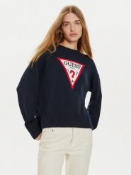 Guess Jeans Sweter W4BR12 Z3HM1 Granatowy Regular Fit. Niebieskie swetry nierozpinane damskie Guess Jeans, xl, z aplikacjami, z bawełny, bez kołnierzyka, bez ramiączek. Za 239.99 zł.