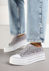 Szare Trampki na Grubej Podeszwie z Ażurową Cholewką Felariona. Szare trampki i tenisówki damskie Born2be, w ażurowe wzory, z jeansu, bez zapięcia. Za 49.99 zł.