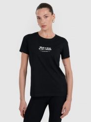 4F T-shirt regular z nadrukiem damski - czarny XS. Czarne t-shirty damskie 4F, uniwersalny, bez wzorów, z bawełny, bez kołnierzyka, bez ramiączek. Za 59.99 zł.