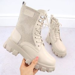 Skórzane botki damskie z cyrkoniami beżowe Goe OO2N4108. Brązowe botki damskie GOE, bez wzorów, z materiału, eleganckie, bez obcasa, bez zapięcia. Za 240.00 zł.