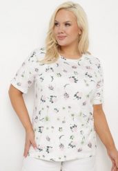 Biały T-shirt Koszulka z Krótkim Rękawem w Kwiaty Nleessa. Białe bluzki damskie Born2be, plus size, bez wzorów, z jeansu, eleganckie, bez kołnierzyka, plus size, bez ramiączek. Za 19.99 zł.
