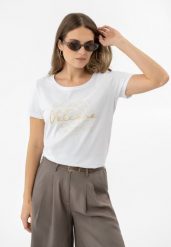 T-shirt z printem T-CORIS. Białe t-shirty damskie Volcano, s, bez wzorów, z bawełny, eleganckie, bez kołnierzyka, bez ramiączek. Za 69.99 zł.