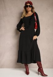 Czarna Sukienka Ozdobiona Falbanami o Rozkloszowanym Kroju Alleira. Czarne sukienki damskie Renee, na co dzień, z aplikacjami, eleganckie, bez kołnierzyka, bez ramiączek, maxi, proste. Za 74.99 zł.