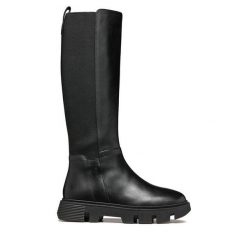 Kozaki Geox. Czarne kozaki damskie Geox, bez wzorów, bez obcasa, na płaskiej podeszwie, bez zapięcia. Za 649.99 zł.