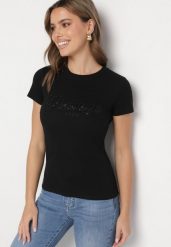 Czarny Bawełniany T-shirt z Metalicznym Napisem Xalaviel. Czarne t-shirty damskie Born2be, m, z aplikacjami, z bawełny, bez kołnierzyka, bez ramiączek. Za 74.99 zł.